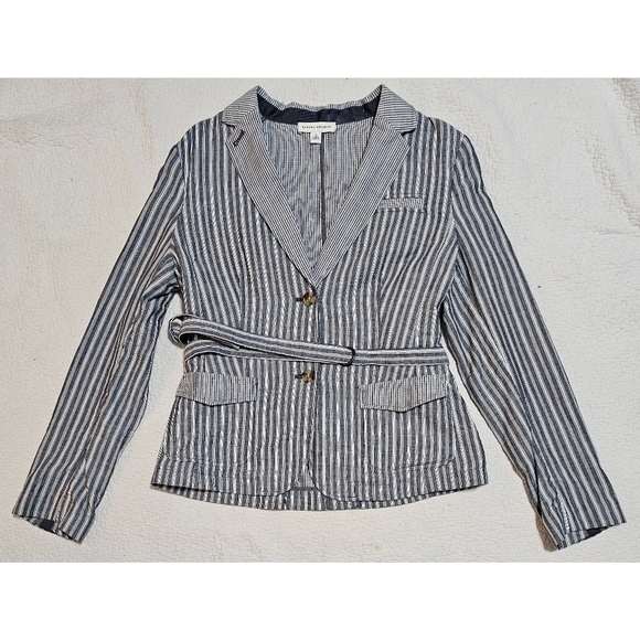 Banana Republic Light-Weight Cotton Striped Belted Blazer Blue/White. Size 12. - Picture 1 of 11
